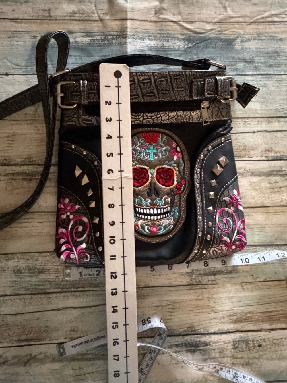 The Day Of The Dead Black Embroidered Crossbody Bag with Stud Accents - Picture 5 of 5